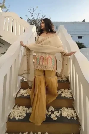 Elegant Beige Embroidered Kurti with Mustard Sharara