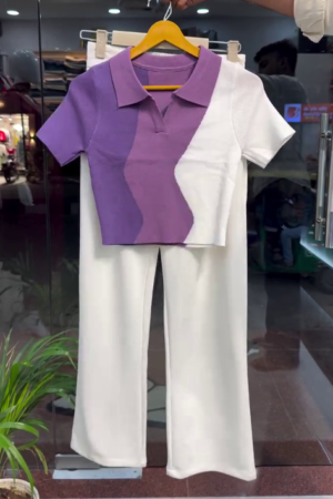 Women Premium Co-Ord Set – Polo Neck Top with Palazzo (Purple & White)
