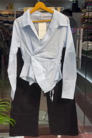 Women Stylish Wrap Shirt with Black Straight Pants – Premium Co-Ord Set