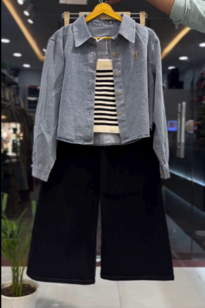 Women Denim Jacket Co-Ord Set with Striped Inner & Wide-Leg Pants – Casual Chic Wear