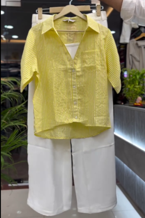 Women Striped Cotton Shirt Co-Ord Set with Inner & Palazzo – Summer Casual Wear