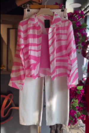 Women Pink Stripe Shirt Co-Ord Set with White Wide Pants