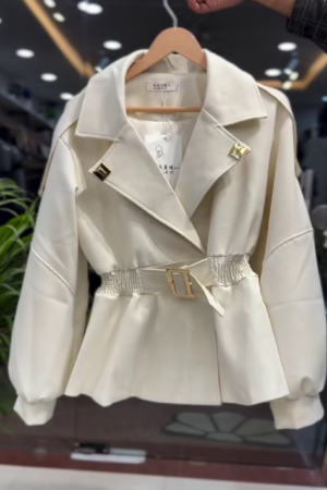 Women’s Elegant Belted Jacket (Cream / Camel)