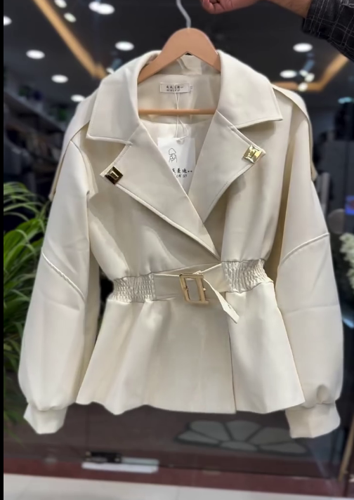 Women’s Elegant Belted Jacket (Cream / Camel)