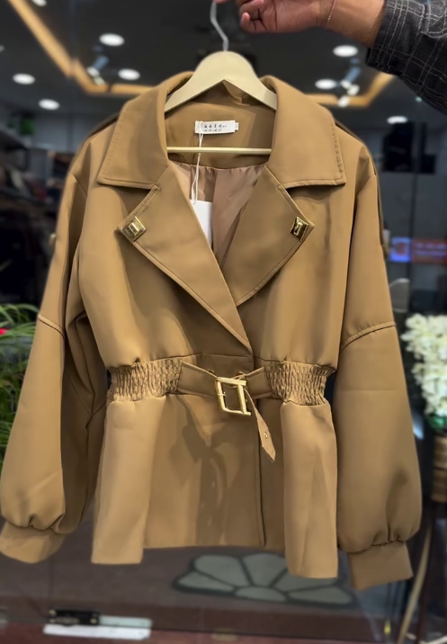 Women’s Elegant Belted Jacket (Cream / Camel) - Image 3