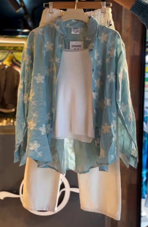 Chunyi Sky Blue Floral Co-Ord Set (Shirt + Inner + Jeans) - Image 2