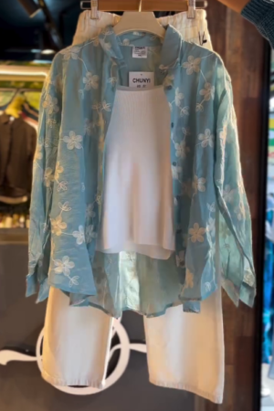 Chunyi Sky Blue Floral Co-Ord Set (Shirt + Inner + Jeans)