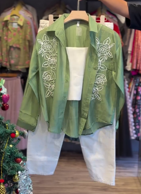 Women’s Olive Green Embroidered Co-Ord Set (Shirt + Inner + Jeans) - Image 2