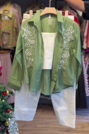 Women’s Olive Green Embroidered Co-Ord Set (Shirt + Inner + Jeans)