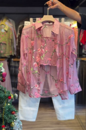 Women’s Blush Pink Floral Co-Ord Set (Shirt + Smocked Top + Jeans)