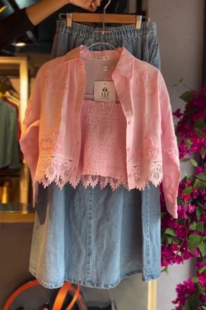 Women’s Baby Pink Lace Co-Ord Set (Shirt + Smocked Top + Denim Skirt)