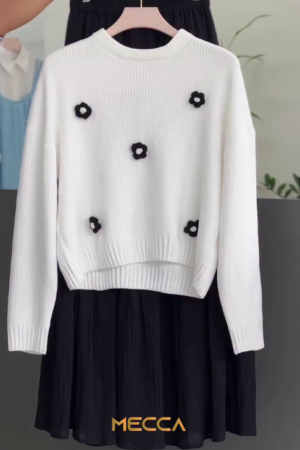 Women’s White Knit Top with Black Pleated Skirt Co-Ord Set