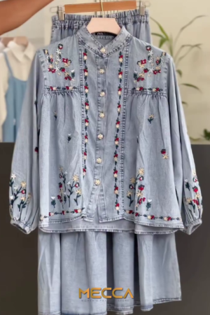 Women’s Denim Blue Embroidered Top & Skirt Co-Ord Set