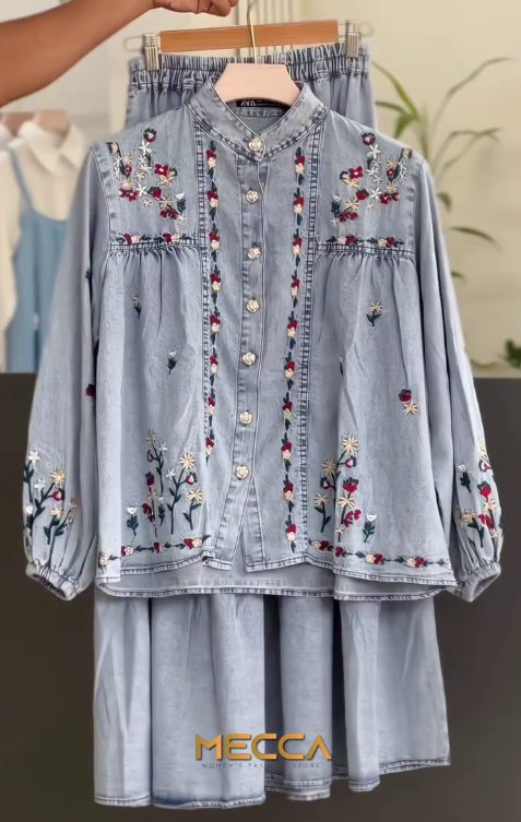 Women’s Denim Blue Embroidered Top & Skirt Co-Ord Set