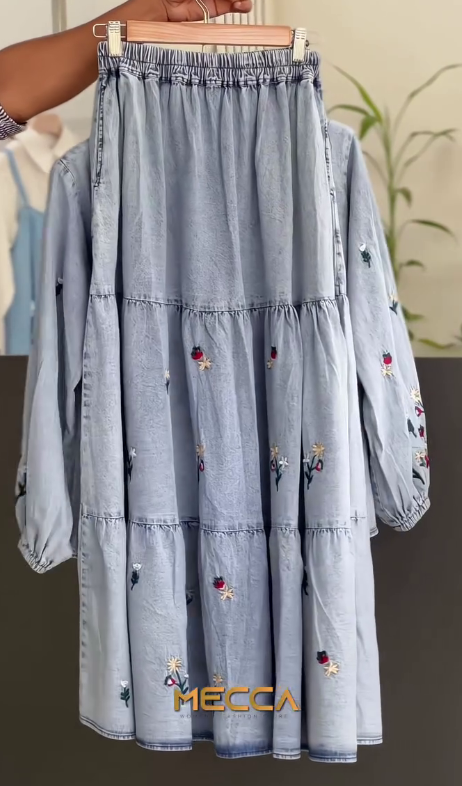 Women’s Denim Blue Embroidered Top & Skirt Co-Ord Set - Image 3