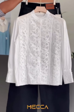 Women’s White Embroidered Shirt with Black Wide-Leg Pants Co-Ord Set