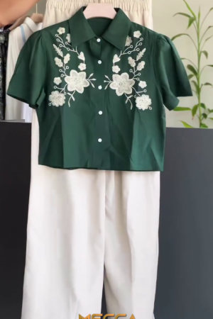 Women’s Emerald Green Embroidered Top with Ivory Pants Co-Ord Set