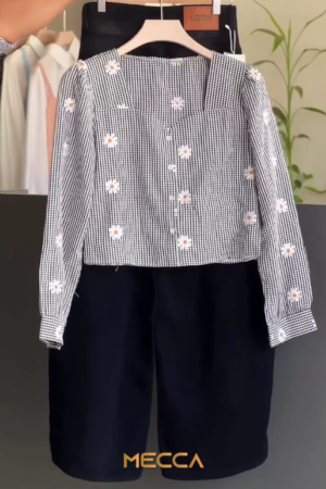 Women’s Black Gingham Floral Top with Black Wide-Leg Pants Co-Ord Set