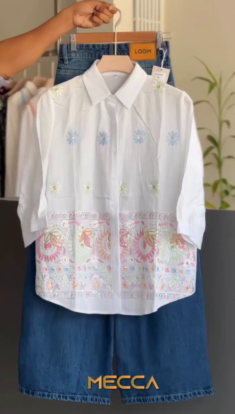 Women’s White Embroidered Shirt with Blue Wide-Leg Jeans Co-Ord Set - Image 2