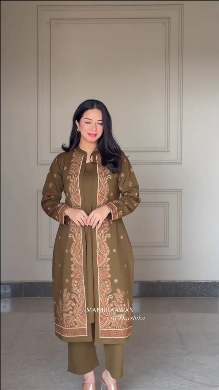 Regal Olive Paisley Embroidered Jacket Set