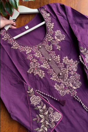 Burgundy Embellished Cotton Blend Straight Suit Set With Dupatta