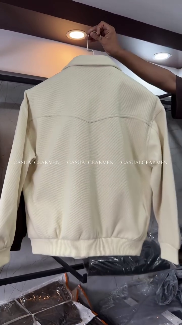 Men's Cream Textured Bomber Jacket - Classic Collared Zip-Up - Image 3