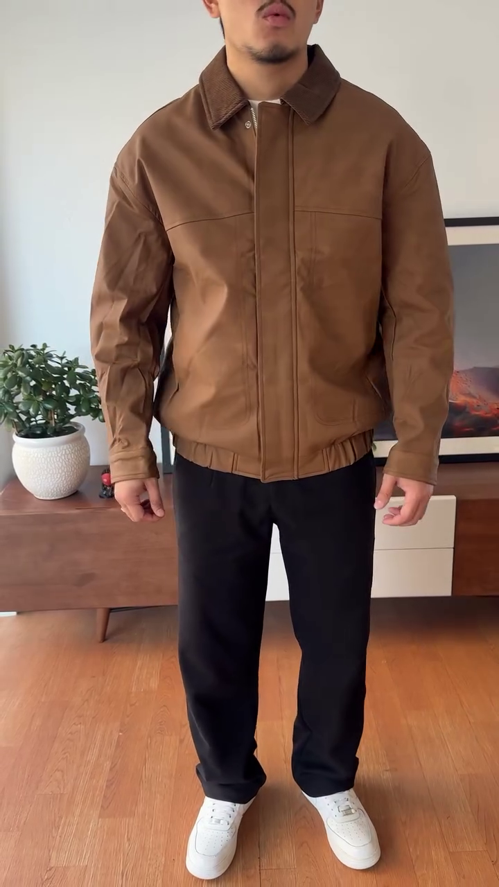 Men's Classic Workwear Bomber Jacket with Corduroy Collar - Image 2