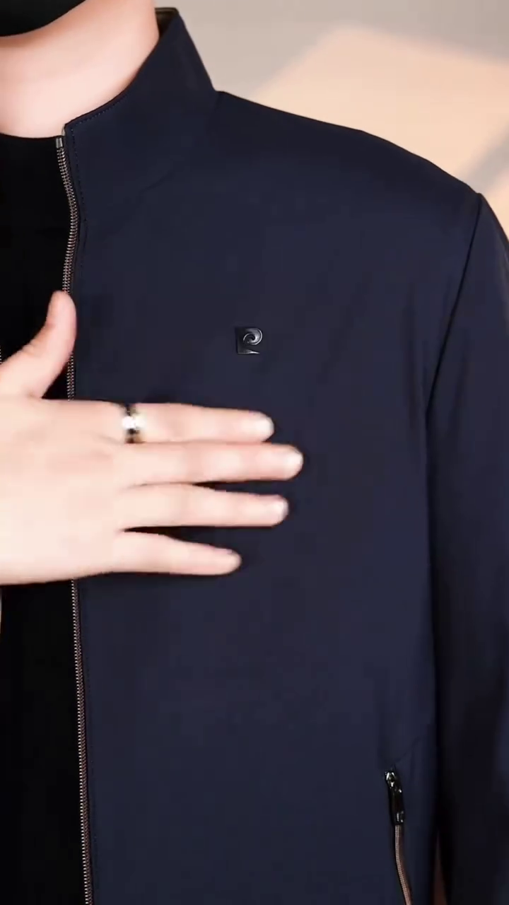 Men's Classic Navy Blue Band Collar Zip Jacket - Image 4