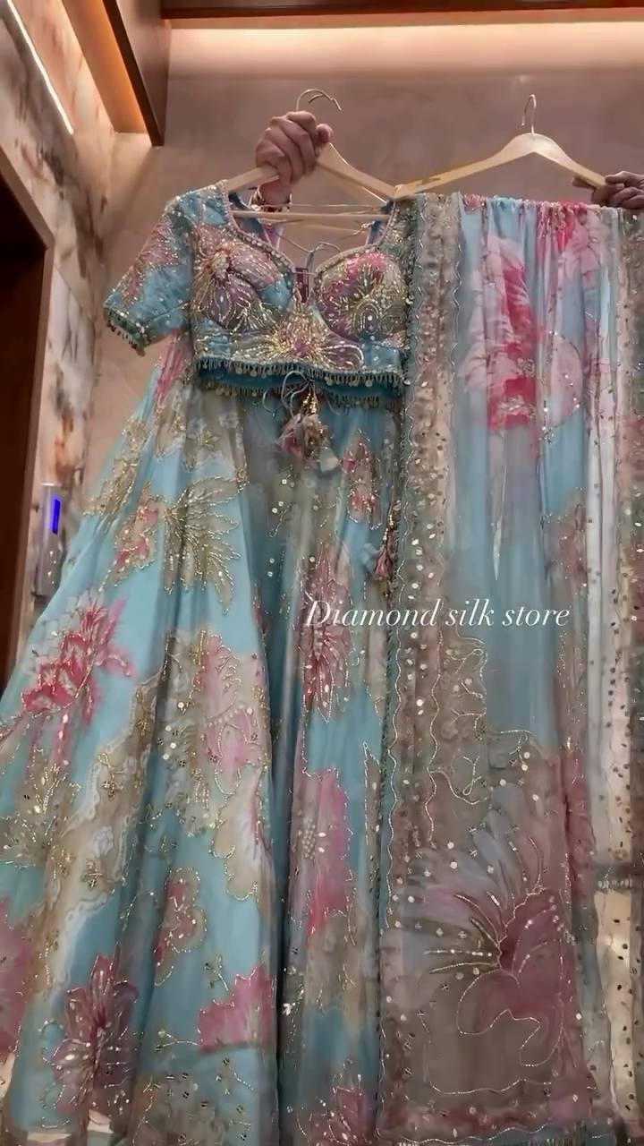 Aqua Blue Floral Printed Organza Lehenga with Dupatta – Light, Elegant & Dreamy Festive Wear