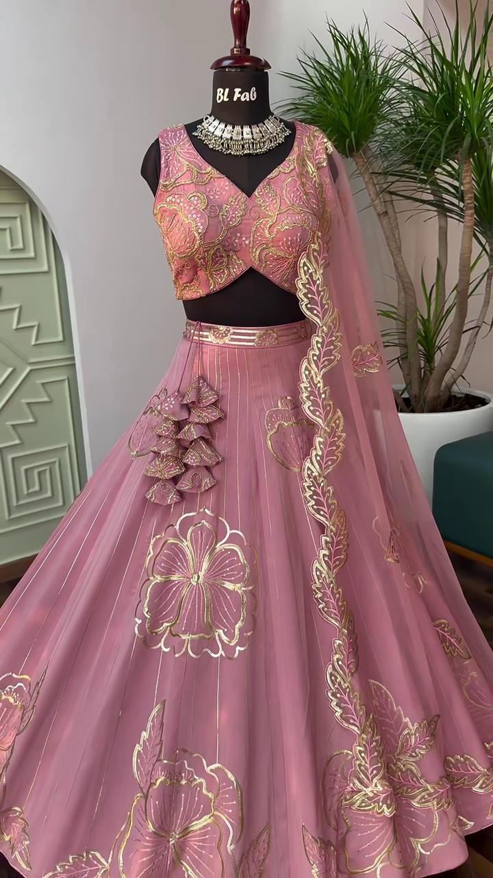 Peach color Designer Sequence Embroidery work Lehenga choli