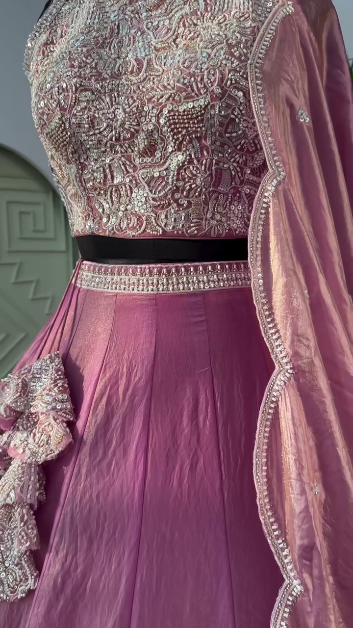 Dusty Rose Pink color Bids Embroidery work Lehenga Choli - Image 5