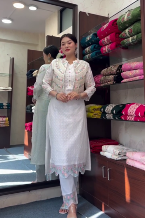 Women's Chanderi Solid 3/4 Sleeve V-Neck Embroidered Kurta, Pant and Dupatta -Offwhite