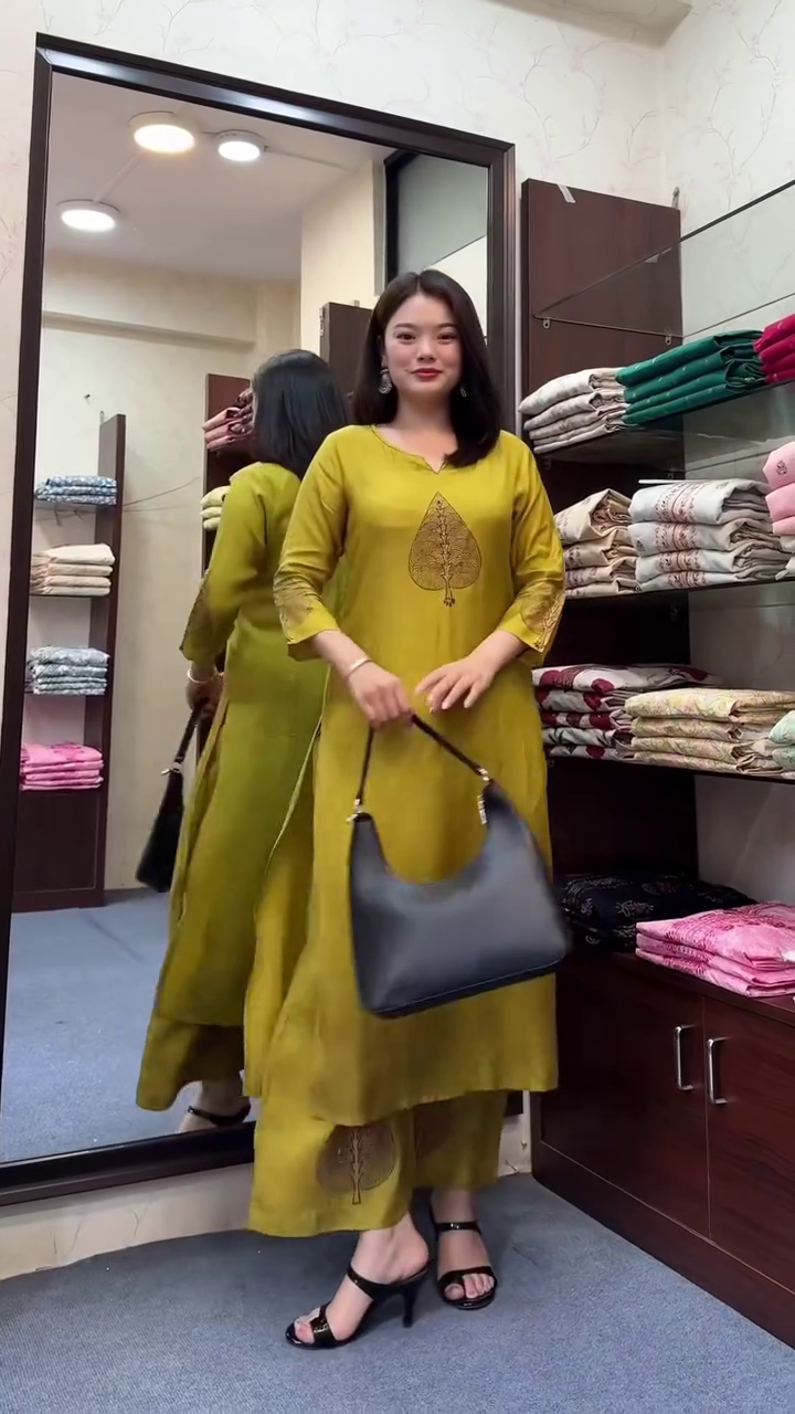 Yellow Blossom Premium Rayon Embroidery Kurti Plazzo Set - Image 7