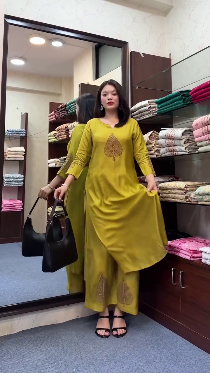 Yellow Blossom Premium Rayon Embroidery Kurti Plazzo Set - Image 6