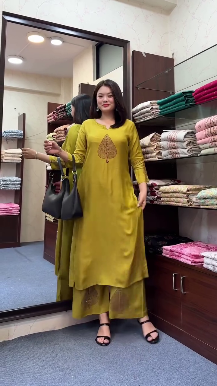 Yellow Blossom Premium Rayon Embroidery Kurti Plazzo Set