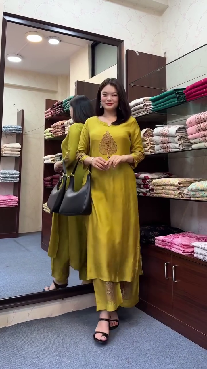 Yellow Blossom Premium Rayon Embroidery Kurti Plazzo Set - Image 4