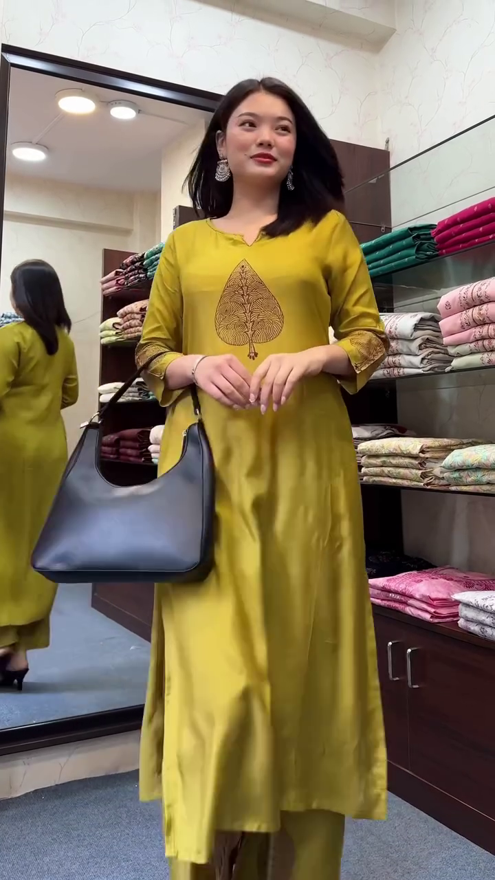Yellow Blossom Premium Rayon Embroidery Kurti Plazzo Set - Image 3