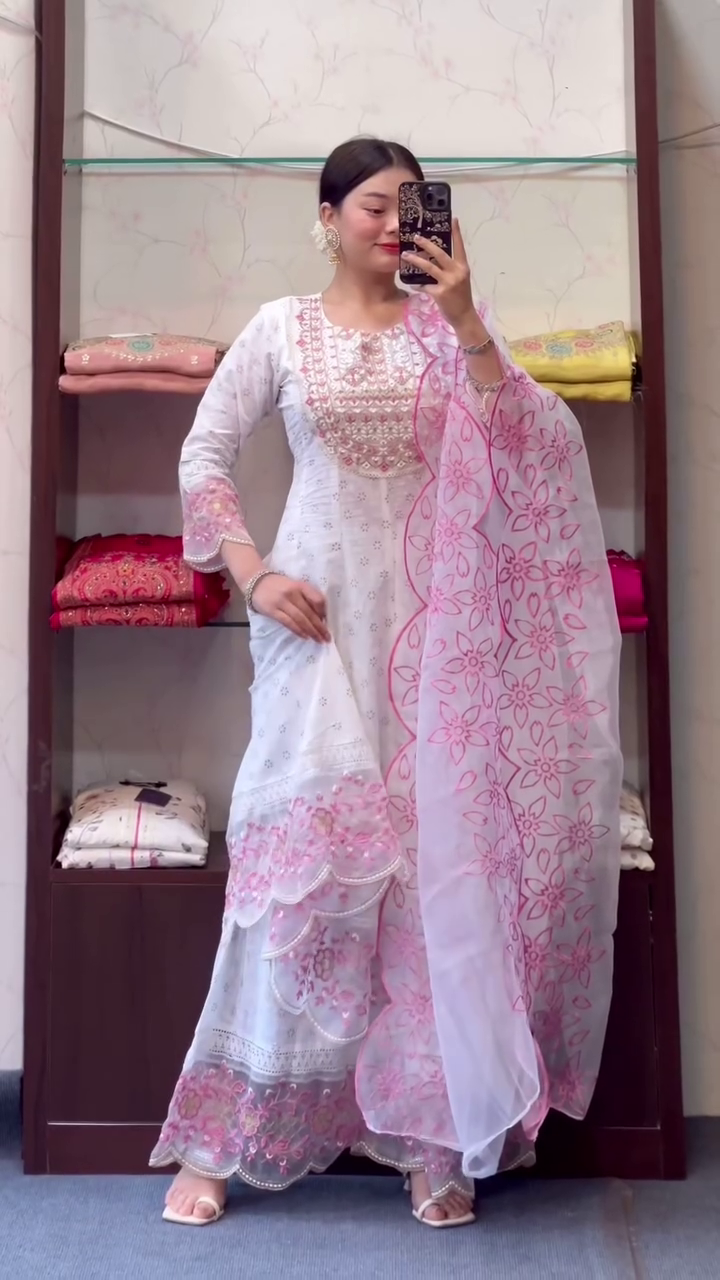 White & Red Embroidered A-Line Kurta With Palazzo & Dupatta