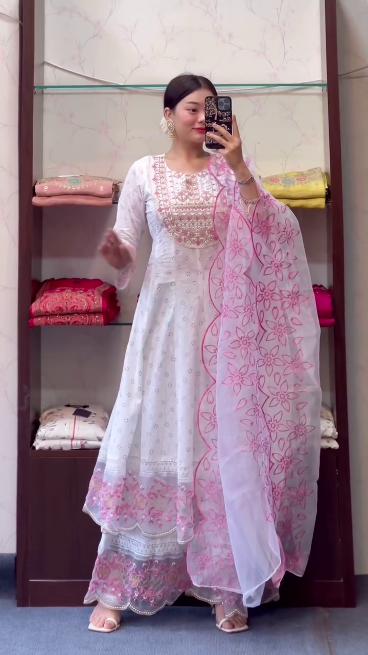 White & Red Embroidered A-Line Kurta With Palazzo & Dupatta - Image 6