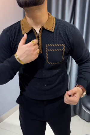 Try This Printed Polo Neck Fullsleeve T-Shirt, Long Sleeve Tshirt Classic Zip Collared Polo Shirt Fashion Casual Shirts